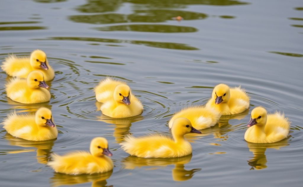 A group of cute yellow ducks swimming in a serene pond.