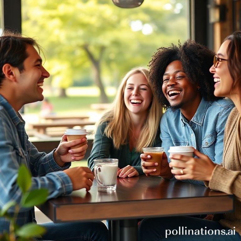A group of diverse friends (3-4 people) laughing heartily together over coffee in a cozy, sunlit cafe or picnicking outdoors in a park, showcasing genuine joy and connection. The atmosphere is warm and inviting.