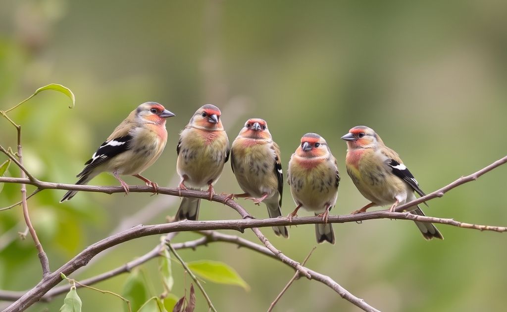 A group of finches perched on branches in a natural setting.