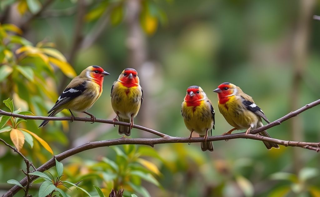 A group of finches perched on branches in a vibrant forest setting.
