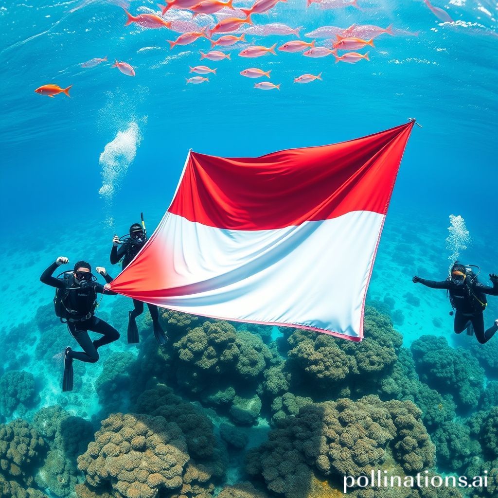 A group of professional divers, including military and police personnel, in full diving gear, proudly raising a large Indonesian red and white flag on the clear, vibrant seabed of Konawe Selatan. Colorful coral reefs and tropical fish are visible in the background, illustrating a healthy marine ecosystem. The scene conveys patriotism, teamwork, and environmental appreciation.