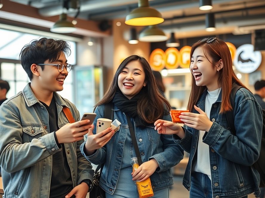 유성에서 활기차게 상생페이백을 사용하는 대학생들의 모습.