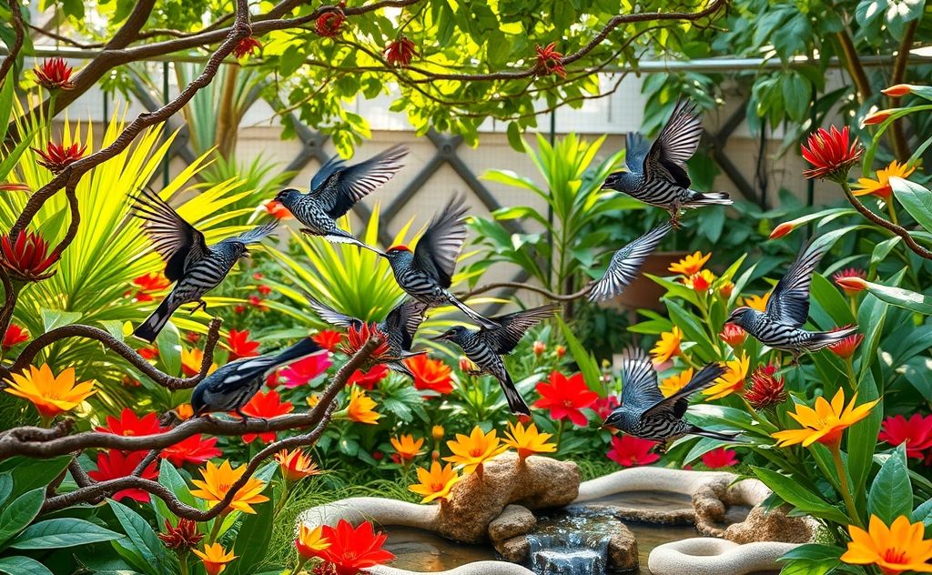 A group of zebra finches interacting in a colorful aviary setting.