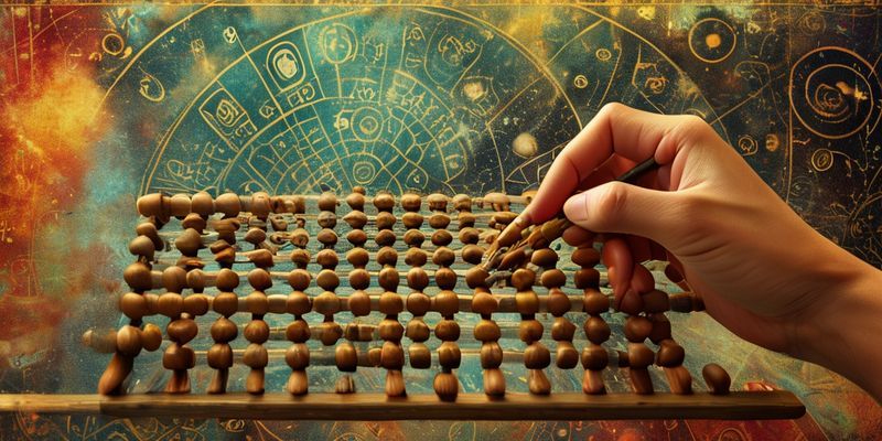 Göksel desenlerin arka planda yer aldığı, eski bir abaküs üzerinde sayıları hesaplayan bir el