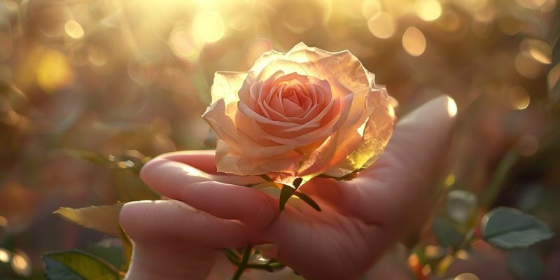 Bir elin içinde tuttuğu gül kuvars taşı