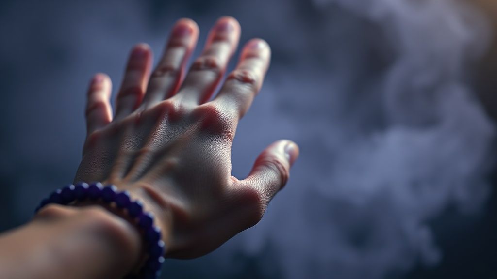A hand gently touches a lava bead bracelet, glowing softly with lavender light. Diffused, ethereal light bathes the scene, highlighting the texture of the porous stones and calming essential oil vapor. Mystic, 4k, cinematic.