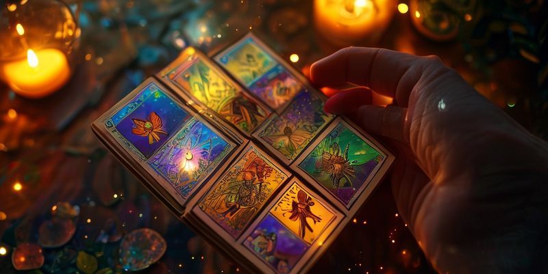 A hand holding a tarot deck with cards spread out, illuminated by mystical light