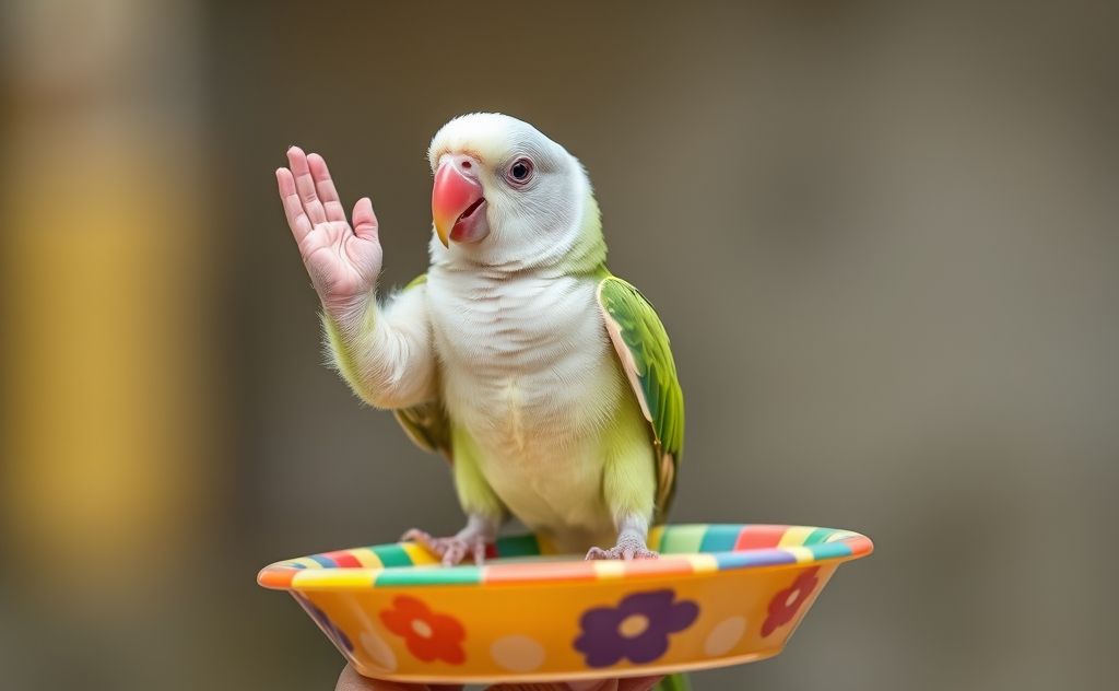 A hand raising baby parrot perched on a colorful feeding dish.