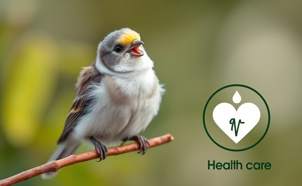 A happy pet bird perched on a branch with a health care symbol nearby.