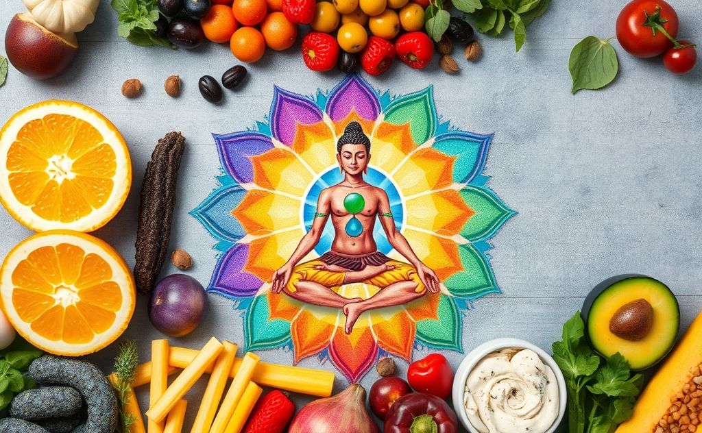 A harmonious arrangement of colorful chakras surrounded by nutritious foods.