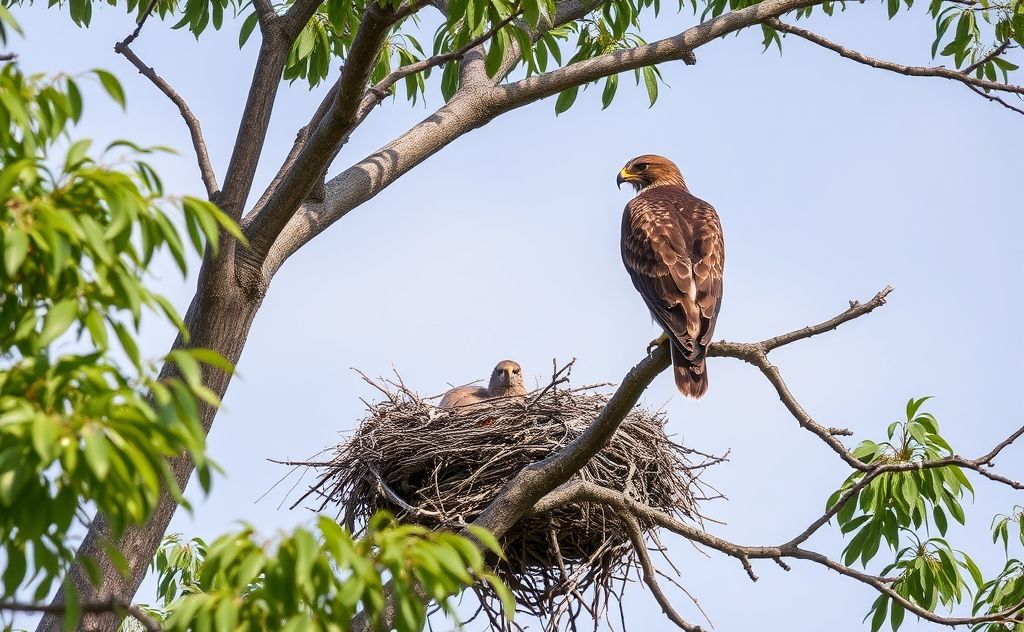 A hawk perched on a tree branch overlooking a bird's nest.