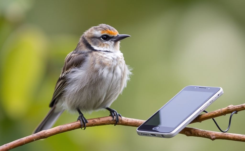 A healthy bird perched on a branch with a digital device nearby.