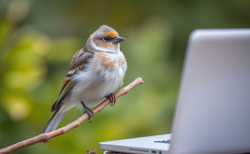 A healthy bird perched on a branch with a laptop nearby.