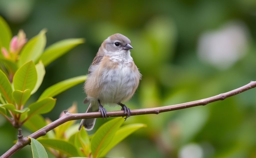 A healthy bird perched on a branch with vibrant foliage around.