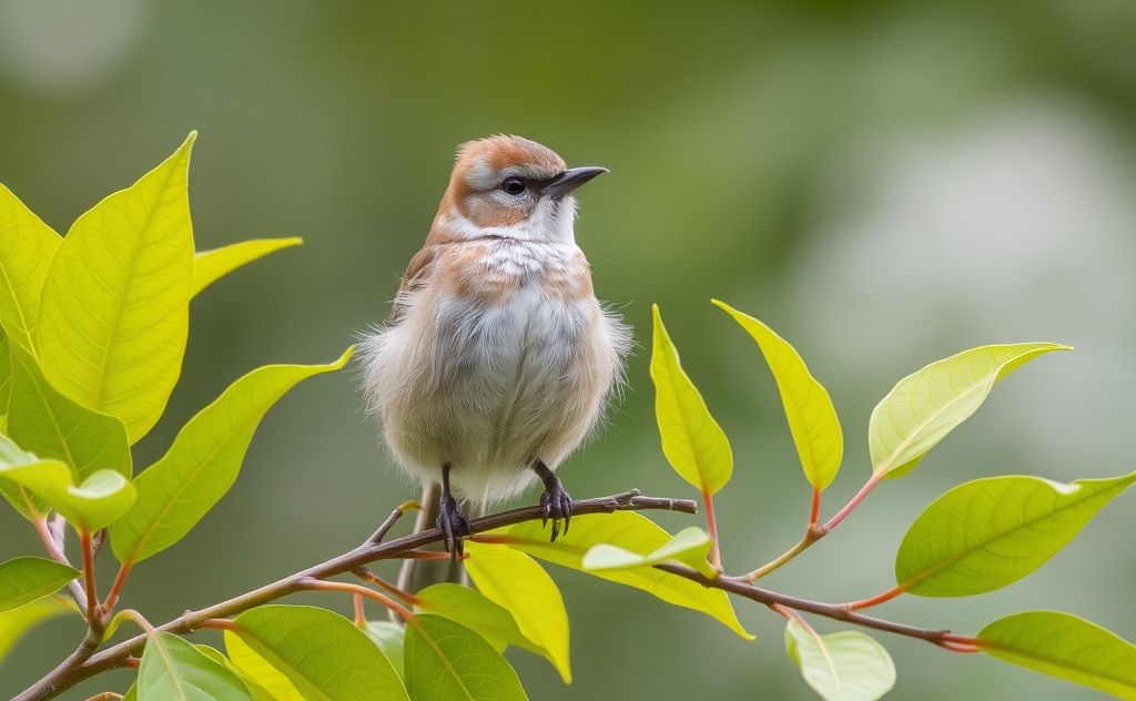 A healthy bird perched on a branch with vibrant green leaves.