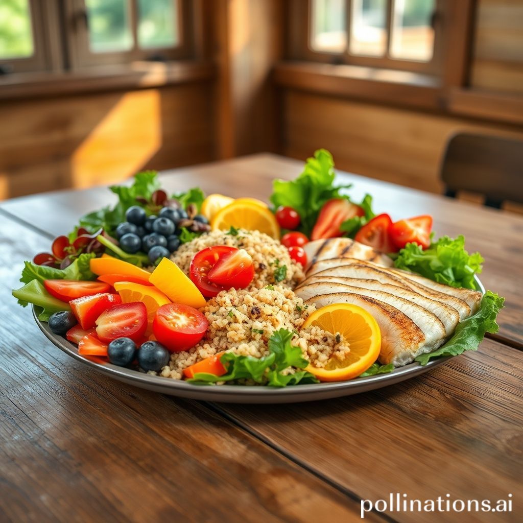 신선한 채소, 과일, 통곡물, 저지방 단백질이 담긴 건강 식단