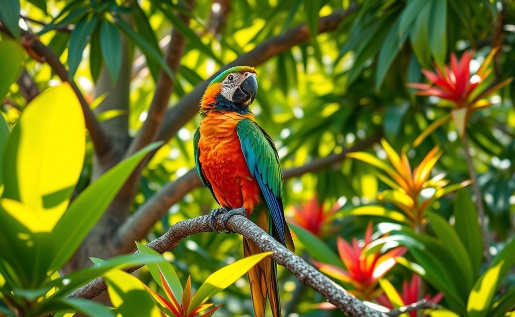 A healthy parrot perched on a branch surrounded by vibrant foliage.