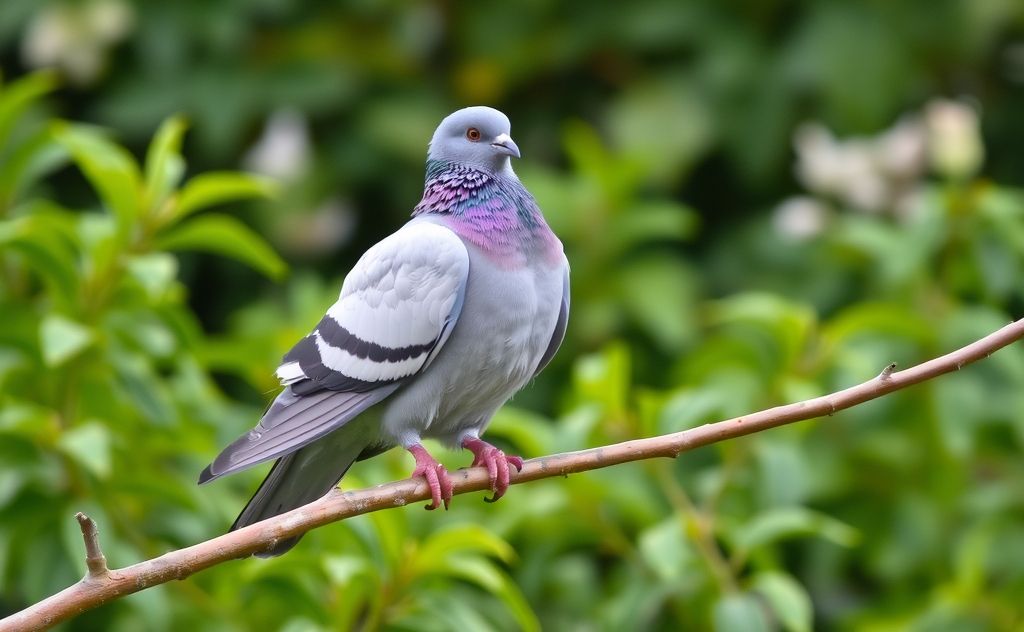 A healthy pigeon perched on a branch in a lush green environment.