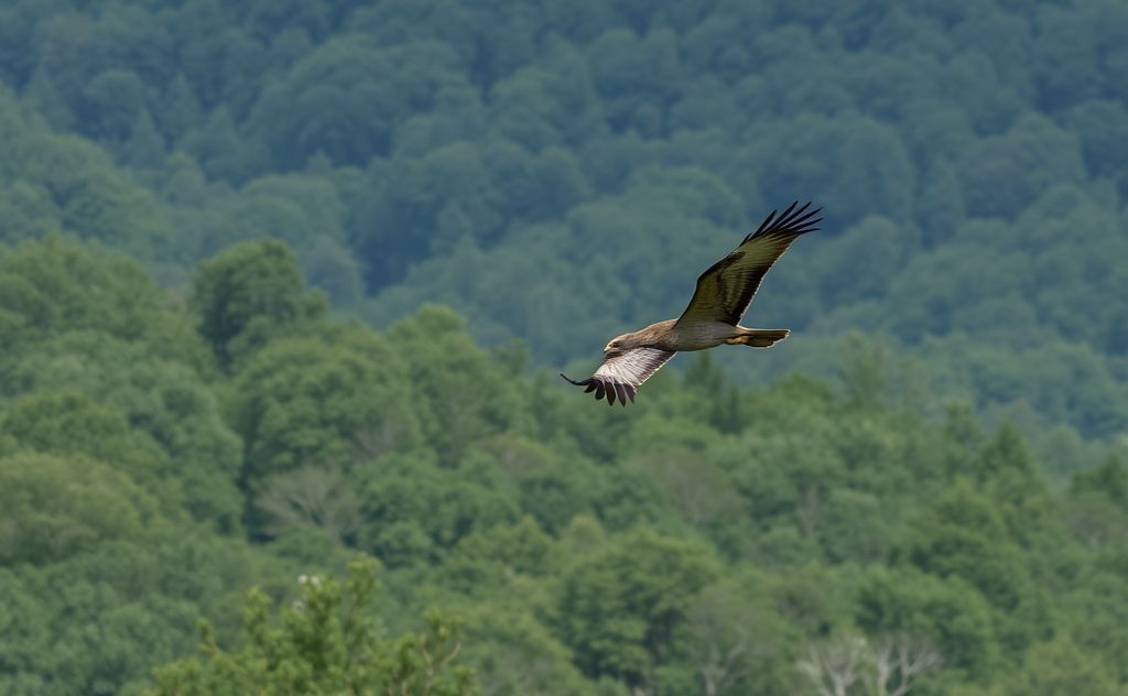 A healthy raptor soaring above a lush forest after rehabilitation.