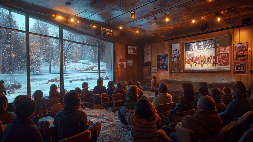 雪景色の見える暖かい公民館で賑わう映画上映会の様子