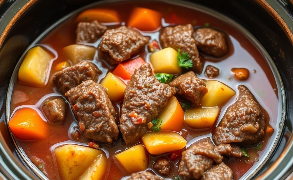 A hearty slow cooker beef stew with vegetables in a rustic bowl.