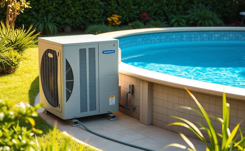 A heat pump efficiently warming an above-ground swimming pool.