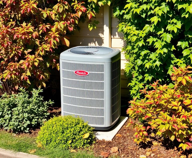 A heat pump surrounded by seasonal foliage in a sunny setting.