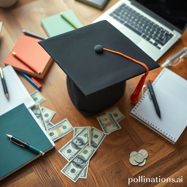 A graduation cap on a desk with school supplies and dollar bills, representing student loans and college financing in the U.S.