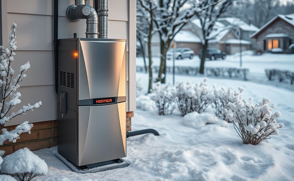 A high-efficiency gas furnace in a snowy residential setting.