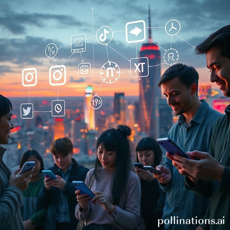 A high-resolution, photorealistic, wide-angle shot of a futuristic cityscape at dusk, seen through a transparent holographic interface displaying various social media icons (like simplified versions of Instagram, TikTok, YouTube, X, Facebook, and new conceptual icons). The interface is slightly translucent, showing glowing lines connecting the icons, symbolizing data flow and AI. In the foreground, a diverse group of young adults (Gen Z and Millennials) are interacting with their personal holographic devices (similar to smartphones but projecting 3D interfaces), looking engaged and excited. The overall mood is vibrant, innovative, and slightly mysterious, with warm neon lights reflecting on their faces and the city. The focus is on the human interaction with future tech and the vastness of the digital landscape.