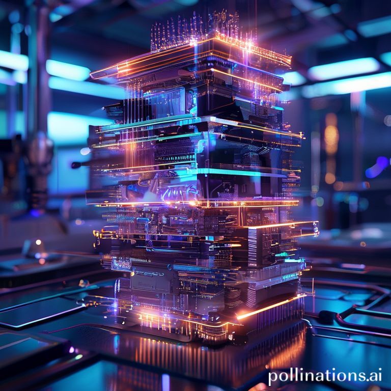 Ilustrasi chip mikroelektronika berlapis-lapis menunjukkan transistor dan memori yang ditumpuk secara vertikal untuk efisiensi energi.