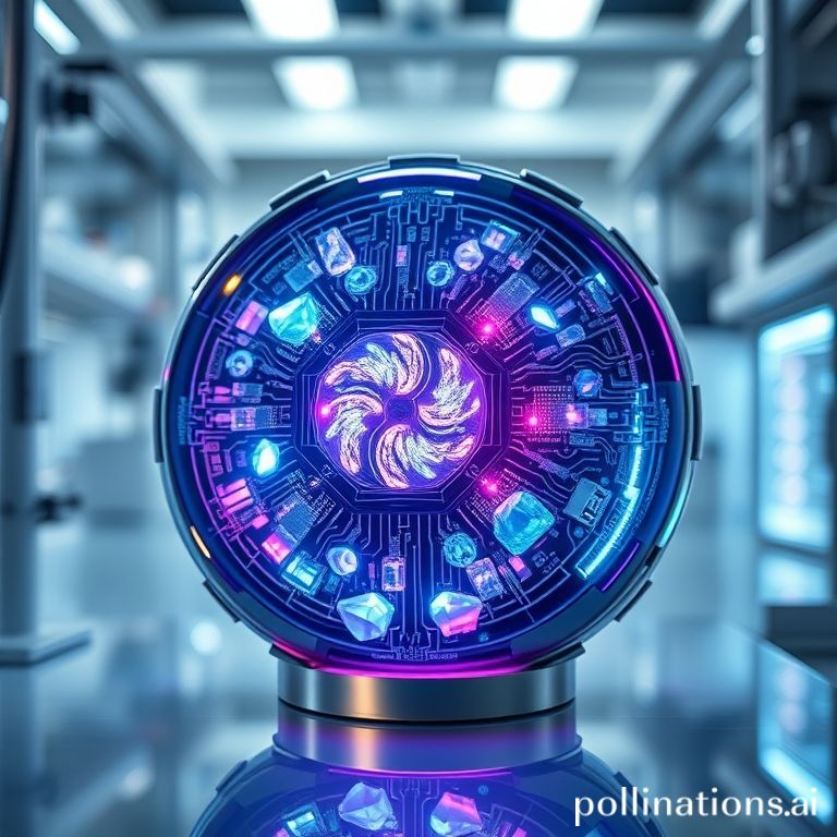 Visualisasi chip komputasi kuantum berbentuk bola yang futuristik dengan sirkuit rumit dan cahaya internal.