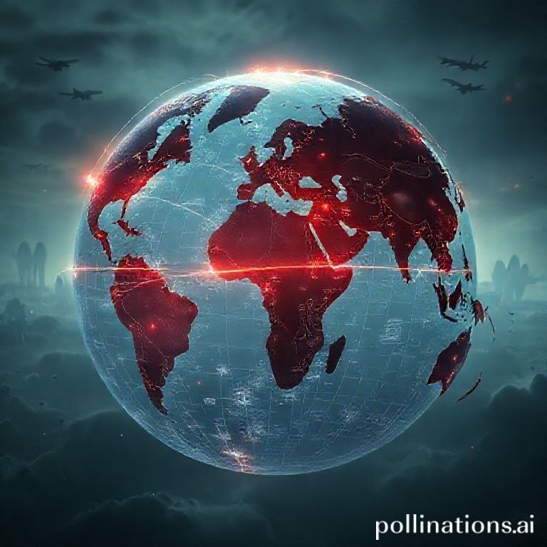 A highly detailed, realistic conceptual illustration depicting the complex nature of modern global conflict. It shows a globe faintly outlined, overlaid with abstract representations of various threats: glowing digital lines symbolizing cyber warfare, intertwined economic charts representing economic warfare, subtle atmospheric disturbances indicating climate change impacts, and faint military silhouettes or drones in the background. The overall mood is serious but not overly apocalyptic, suggesting a delicate balance between potential conflict and the interconnectedness of nations. The color palette should lean towards cooler, professional tones with hints of red or orange for tension, but not dominant.
