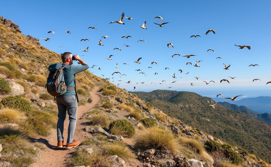 A hiker with binoculars on a rugged trail surrounded by birds.