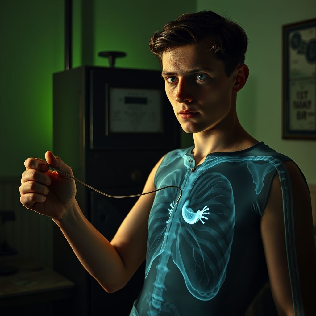 Werner Forssmann performing self-catheterization in 1929 for cardiac catheterization research වර්නර් ෆෝස්මන් තමන්ගේ හදවතට කැතීටරයක් ඇතුළු කරන අයුරු 1929 දී