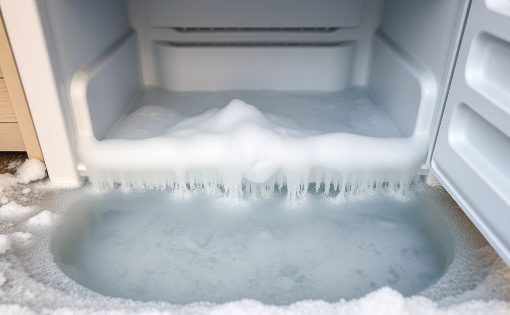 A home freezer with frost melting and water pooling below.