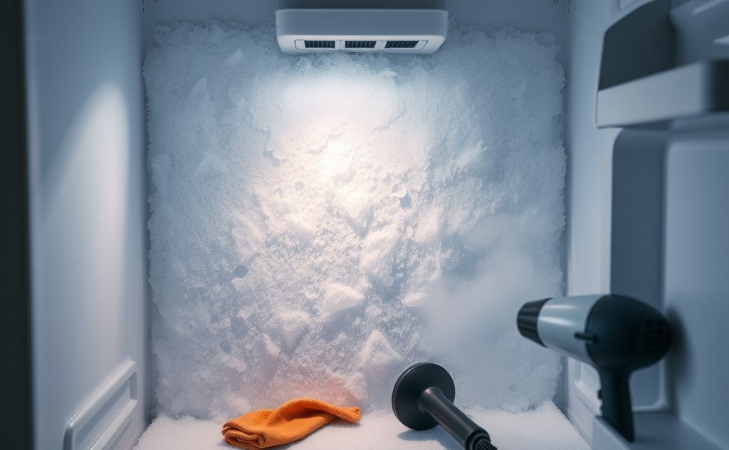 A home freezer with ice buildup and a defrosting method in action
