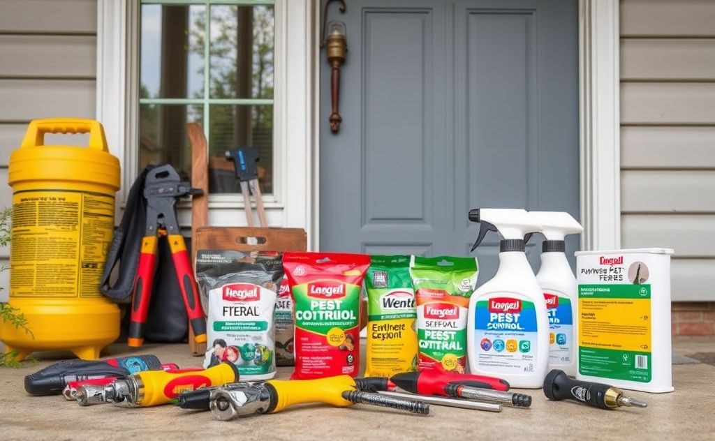 A home repair scene with tools and pest control products displayed.