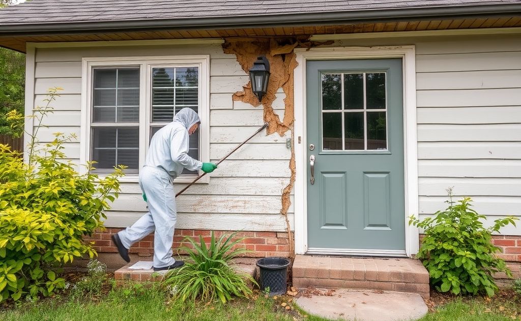 A home under repair with pest control treatments in action.