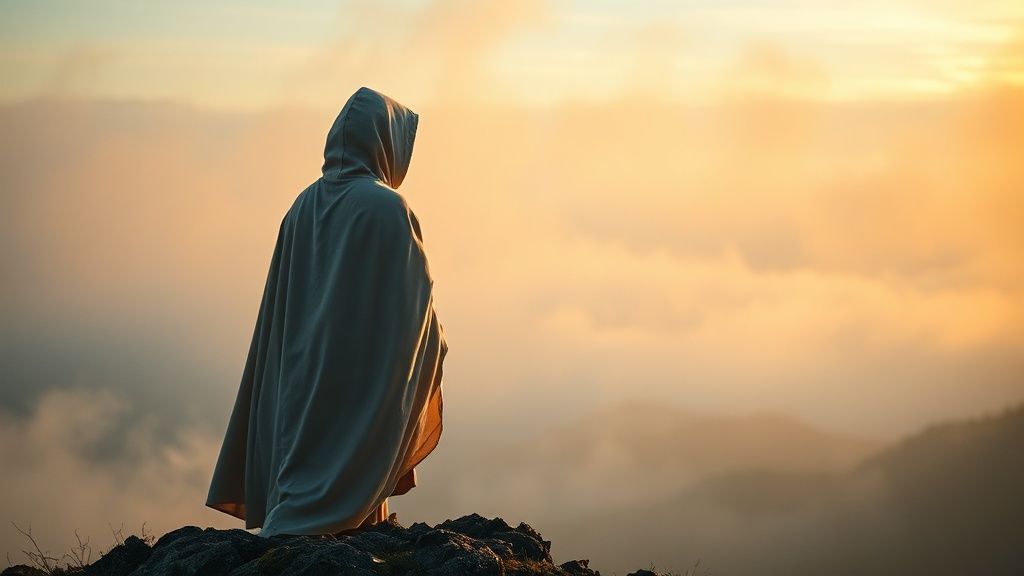 A hooded figure draped in soft, glowing fabric, standing on a mountaintop shrouded in mist. Warm, golden light illuminates the scene, creating a sense of peace and inner strength. Ethereal, cinematic.
