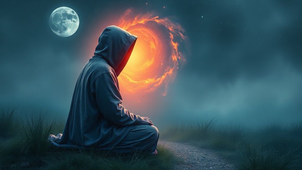 A hooded figure, cloaked in soft, deep blues and purples, sits in a moonlit clearing. Warm, golden light spills from within the hood, illuminating a swirling nebula. A path of shimmering stars leads to the figure.