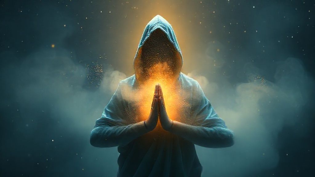 A hooded figure, cloaked in soft, deep blues, exhales a cloud of gold dust. Serene, yoga pose. Ambient light, floating in a calming, starlit void. Ethereal glow, mystic.