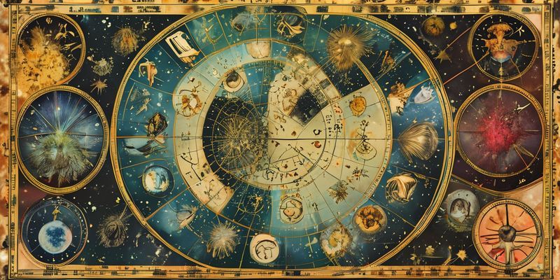 A horoscope chart with celestial bodies and zodiac signs