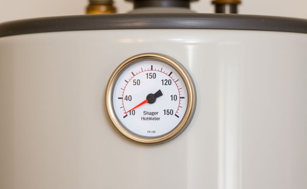 A hot water heater with a temperature gauge set at 120 degrees Fahrenheit.