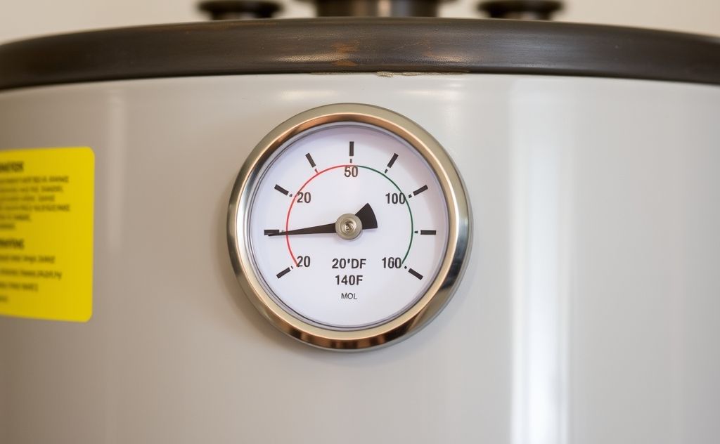 A hot water heater with a temperature gauge set at 140°F.