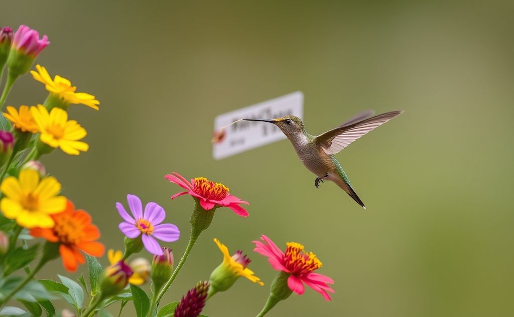 A hummingbird hovering in mid-air with colorful flowers nearby.