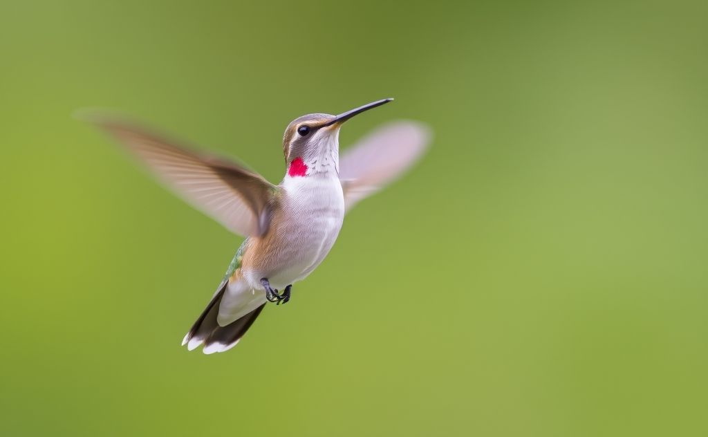 A hummingbird hovering in mid-air with its wings blurred in motion.