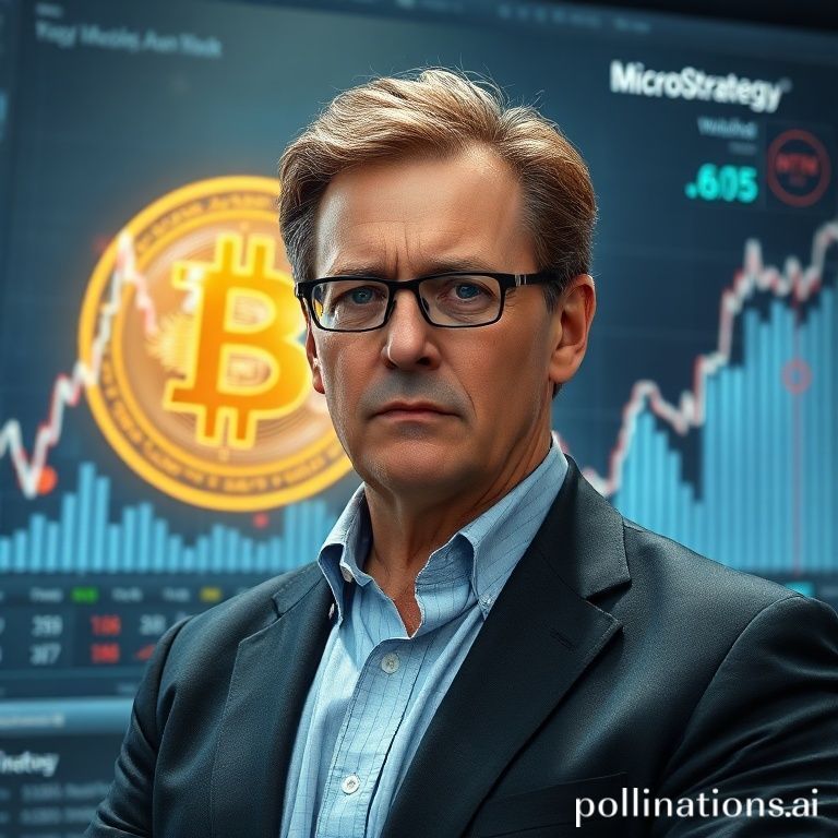 Michael Saylor, CEO of MicroStrategy, contemplating a volatile Bitcoin chart, symbolizing the financial challenges and market risks his company faces with its significant crypto investment strategy amidst analyst warnings.