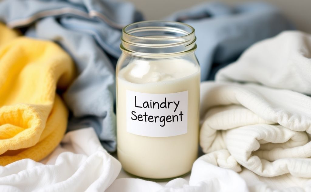 A jar of homemade laundry detergent surrounded by clean clothes.