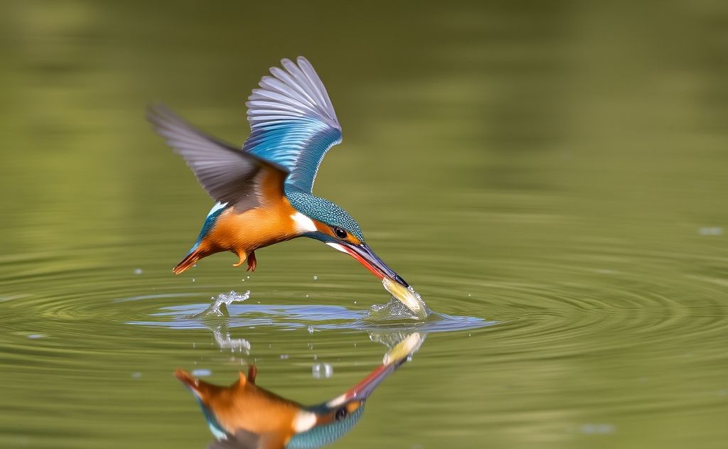 A kingfisher diving into water to catch a fish.